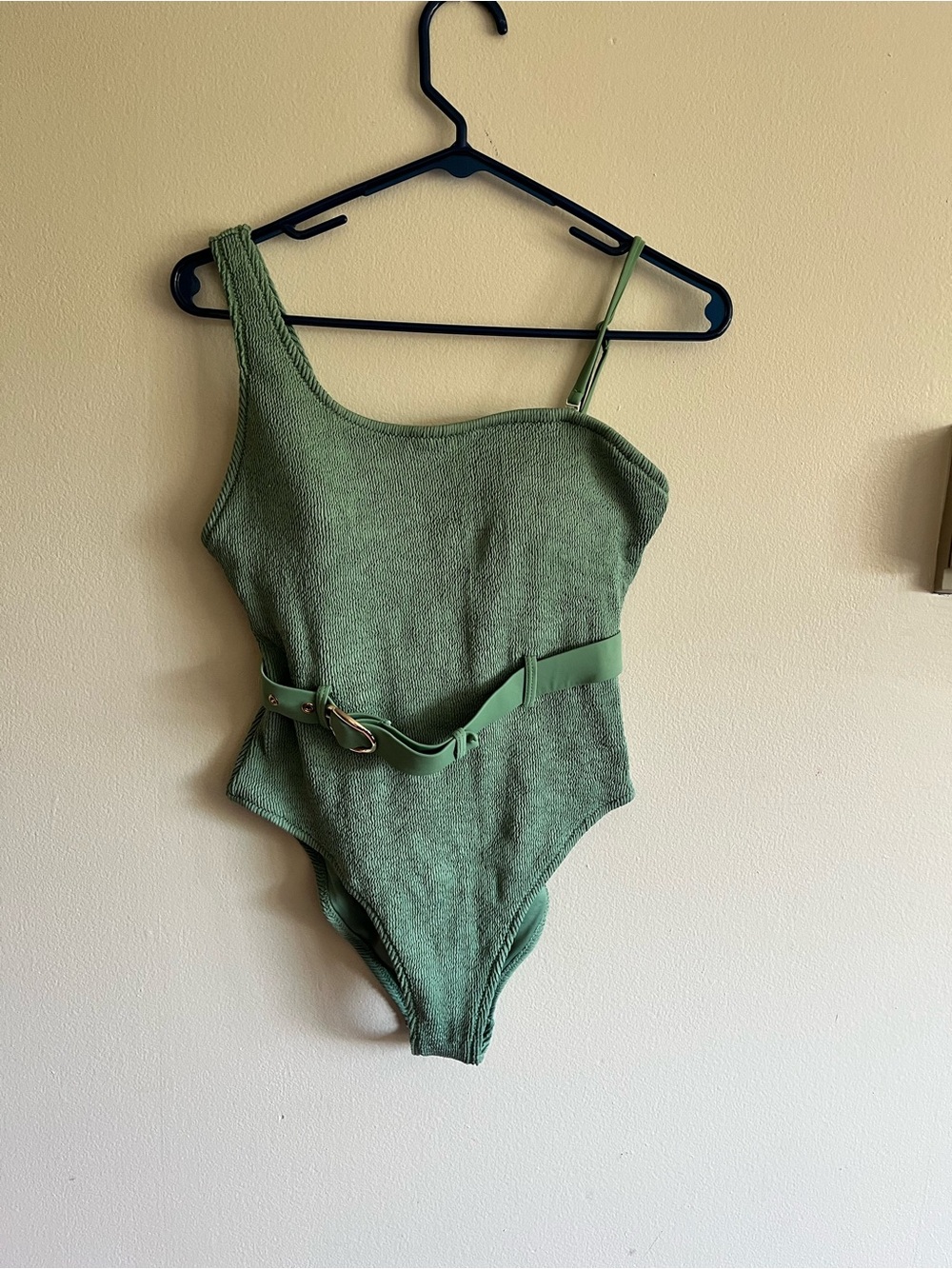 Unique Vintage Retro Style Green One-Shoulder Textured Swim One-Piece with Belt